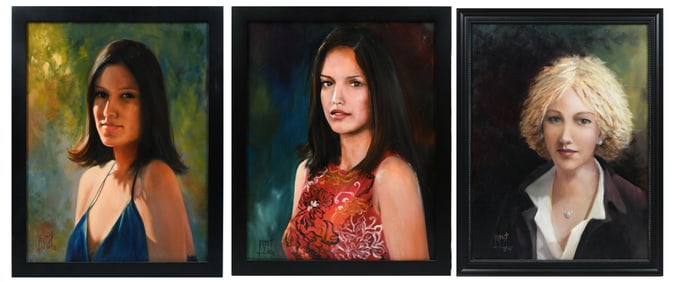 3PC. ILLEGIBLY SIGNED FEMALE PORTRAIT PAINTINGS