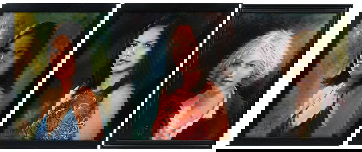 3PC. ILLEGIBLY SIGNED FEMALE PORTRAIT PAINTINGS: 3PC. ILLEGIBLY SIGNED FEMALE PORTRAIT PAINTINGS: 1) Smiling Brunette, Oil/Canvas, 20" x 16", signed lower left, dated "02, framed, 22.25" x 18.25"; 2) Young Blonde Wearing a Pearl Pendant, Oil/Canvas,