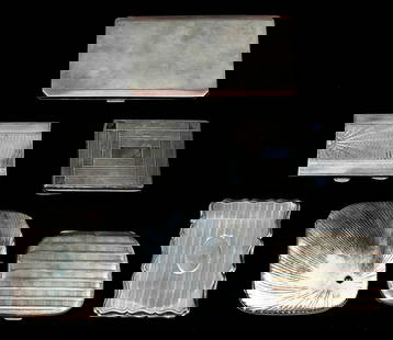 6 PC. ART DECO SILVER  CIGARETTE & CARD CASES: 6 PC. ART DECO SILVER CIGARETTE & CARD CASES: Approx. 17.68 Troy ounces (.925), & 3.33 Troy ounces (.800) Silver. Comprising; 1- German .800 Silver Art Deco Case with an inset Blue Sapphire Cabochon,