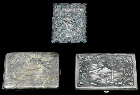 3 PC. ORIENTAL SILVER CARD & CIGARETTE CASES: 3 PC. ORIENTAL SILVER CARD & CIGARETTE CASES: Approx. 3.77 Troy ounces (.925), 4.11 Troy ounces (.925), & 4.00 Troy ounces (.800). Comprising; 1- Japanese (.950) Cigarette Case, having a Gold overlay