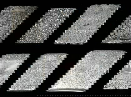 6 PC. VICTORIAN STERLING CARD & CIGARETTE CASES: 6 PC. VICTORIAN STERLING CARD & CIGARETTE CASES: Approx. 13.30 Troy ounces. Comprising; 1- Embossed Foliate motif Card Case by an unknown maker. 1- Finely hand-chased English Card Case having a foliat
