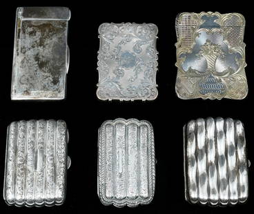 6 PC. STERLING CIGARETTE & CARD CASES: 6 PC. STERLING CIGARETTE & CARD CASES: Approx. 13.81 Troy ounces. Comprising; 1- Austrian Cigarette Case with Match safe & striker. 1- English Cigarette Case, by CFSD (unknown maker), impressed RD1125