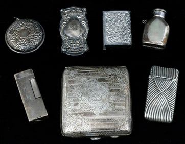 7 PC. SILVER MATCH SAFE, LIGHTER, AND CIG CASE