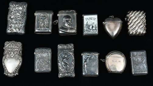 11 PC. FIGURAL STERLING MATCH SAFES / VESTA CASES