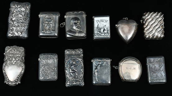 12 PC. FIGURAL STERLING MATCH SAFES / VESTA CASES: 12 PC. FIGURAL STERLING MATCH SAFES / VESTA CASES: Approx. 8.22 Troy ounces. Comprising; 1- English King Edward VII Vesta Case by unknown maker. 1- Engraved Bird motif Safe by Sampson Mordan, monogram