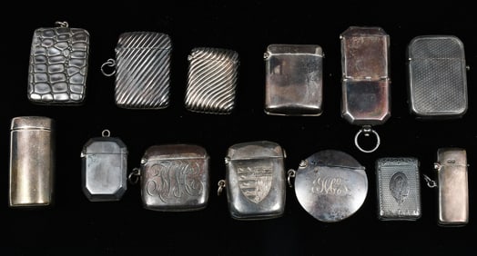 13 PC. ENGLISH STERLING MATCH SAFES / VESTA CASES