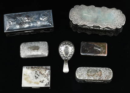 7 PC. STERLING TRINKET & DRESSER BOXES & SPOON: 7 PC. STERLING TRINKET & DRESSER BOXES & SPOON: Approx. 17.93 Troy ounces. Comprising; 1- Embossed Angel motif box by William Champion of London. 1- Engraved Foliate motif box with a Gold washed inter