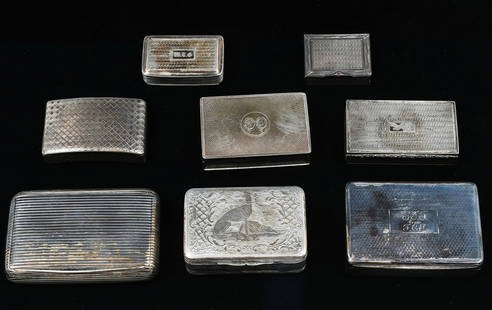 7 PC. STERLING BOXES & VESTA CASE / MATCH SAFE: 7 PC. STERLING BOXES & VESTA CASE / MATCH SAFE: Approx. 16.83 Troy ounces. Comprising; 1- Match Safe with an inset Red Cabochon handle, unknown maker. 1- Nathaniel Mills box with a gold-washed interio