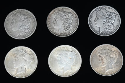 6 U.S. MINT SILVER MORGAN & PEACE DOLLARS