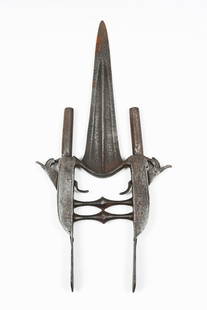 INDIAN KATAR KNIFE W/ 2 MOUNTED PERCUSSION PISTOLS: INDIAN KATAR KNIFE W/ 2 MOUNTED PERCUSSION PISTOLS: Katar knife with traditional H-shaped grip and triangular blade. Features two single-shot percussion pistols integrated into the grip, one on each s