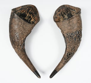 PAIR OF ELABORATELY CARVED AFRICAN BUFFALO HORNS
