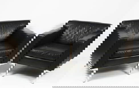 2 MODERN LEATHER DESIGN WITHIN REACH THEATRE CHAIR: 2 MODERN LEATHER DESIGN WITHIN REACH THEATRE CHAIRS: Design Within Reach, Pair of Black Theatre Leather Club Chairs. Tag resides under cushion. Raised on Chromed legs. Approx. 30.25" h x 31.25" w x 30