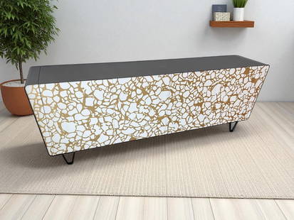 CANTORI "ICARO MADIA" SIDEBOARD: CANTORI "ICARO MADIA" SIDEBOARD: Mottled, three-dimensional décor on the doors along with this sideboard's vibrant, sky-color interior lacquering, this piece is a real show-stopper. Feet and frame ar