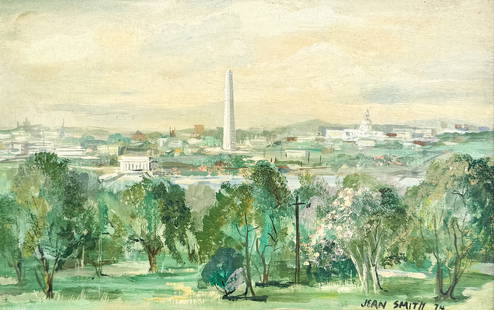 JEAN SMITH PANORAMIC VIEW OF WASHINGTON PAINTING: SMITH, Jean, (American, 20th Century): Panoramic View of Washington D.C., featuring the Lincoln Memorial, Washington Monument, and the White House. Oil/Masonite, 10&rdquo; x 15&rdquo;, signed lower ri