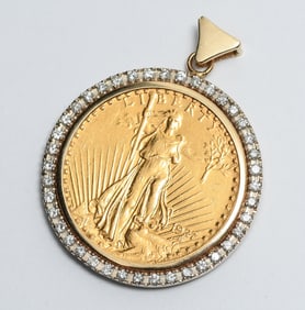 1927 $20 GOLD COIN PENDANT WITH 14K DIAMOND BEZEL