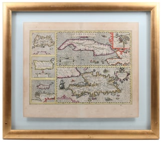 ANTIQUE FRAMED JODOCUS HONDIUS CUBA INSULA MAP