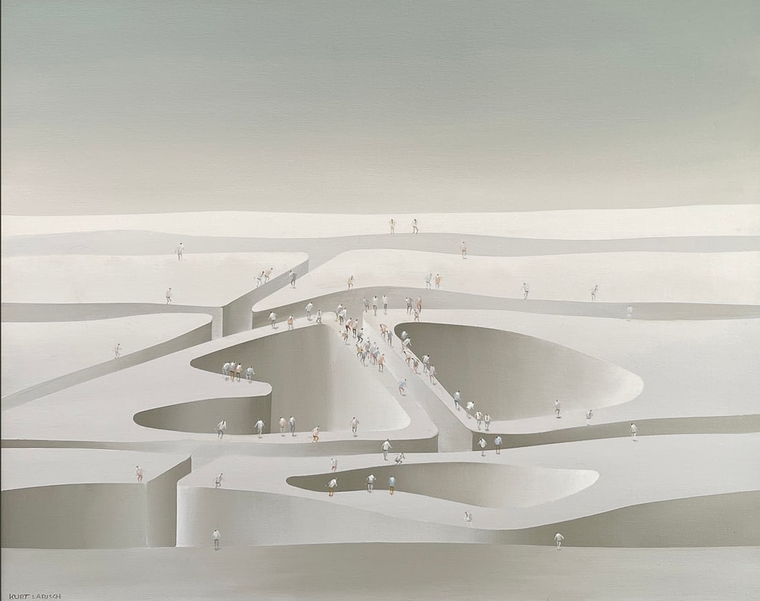 LARGE KURT LARISCH SURREAL FANTASY PAINTING: LARISCH, Kurt, (Austrian/Mexican, 1913-2009): Surreal Futuristic Fantasy Landscape with Little People, Oil/Canvas, 33” x 41”, signed lower left, framed, 36” x 45”.