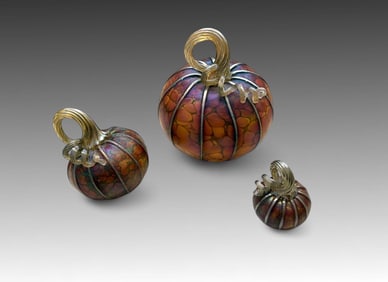 3 PC. C & H GLASSWORKS BURGUNDY ART GLASS PUMPKINS