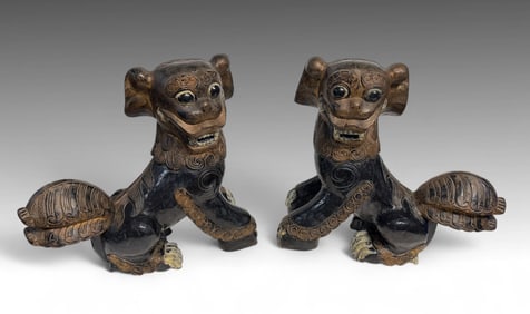 PAIR OF CHINESE CARVED WOOD FOO LIONS
