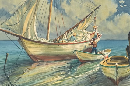 KARL ANDRE ZIMMERMANN MOORED SAILBOAT PAINTING