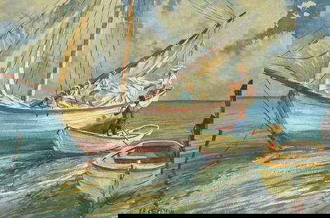 KARL ANDRE ZIMMERMANN MOORED SAILBOAT PAINTING: ZIMMERMANN, Karl Andre, (Swiss/American, 1927-2002): Workers with Moored Sailboat, Watercolor/Board, image size 16&rdquo; x 24&rdquo;, overall 20&rdquo; x 28&rdquo;, signed lower left, unframed. From