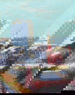 JOHN TERELAK FT. LAUDERDALE FLORIDA PAINTING: TERELAK, John, (American b. 1942): Downtown Ft. Lauderdale Looking East Towards Federal, Oil/Canvas, 20&rdquo; x 16&rdquo;, signed lower left and dated ’86, unframed. From an important curated Flori