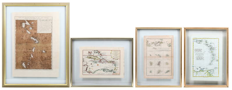 4 FRAMED ANTIQUE MAPS OF THE ANTILLES ISLANDS: 4 FRAMED ANTIQUE MAPS OF THE ANTILLES ISLANDS: All float-mounted in frames. 1) Antique French map of the Antilles, 23&rdquo; x 16.375&rdquo;, frame size 30.125&rdquo; x 23.375&rdquo;; 2) Supplemental
