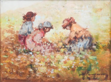ANTONIO PECORARO “FLOWER COLLECTORS” PAINTING