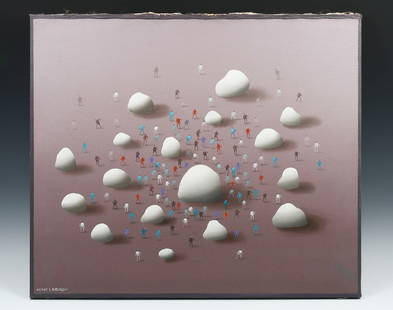 ORIGINAL KURT LARISCH PAINTING "QUO-VADIS OPUS 186": LARISCH, Kurt, (Austrian/Mexican, 1913-2009): “Quo Vadis-Opus 186&rdquo;, Abstract Landscape with Larisch’s signature Little People Clustered around Piles of Snow, Oil/Canvas, 23.75&rdquo; x 27.75