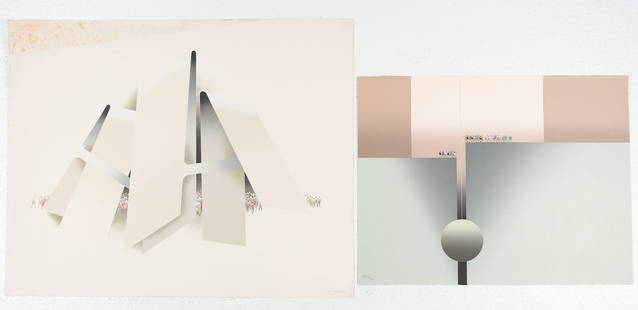 2PC. KURT LARISCH FANTASY FUTURE SERIGAPH LOT: LARISCH, Kurt, (Austrian/Mexican, 1913-2009): Two Serigraphs: 1) Two Groups of Little People on Either Side of a Long Chasm with Ball and String, 20.5" x 26.75", pencil signed lower right, marked EE/2