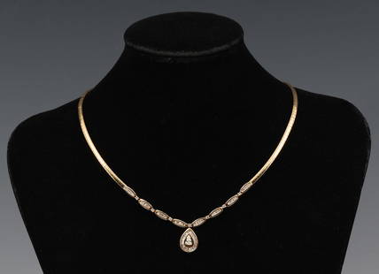 14K DIAMOND NECKLACE / OMEGA: 14K DIAMOND NECKLACE / OMEGA: A glamorous 14K yellow gold diamond necklace contains 1 pear brilliant cut diamond, 7 round brilliant cut diamonds and 80 baguette cut diamonds. Total Diamond Weight: 1.0
