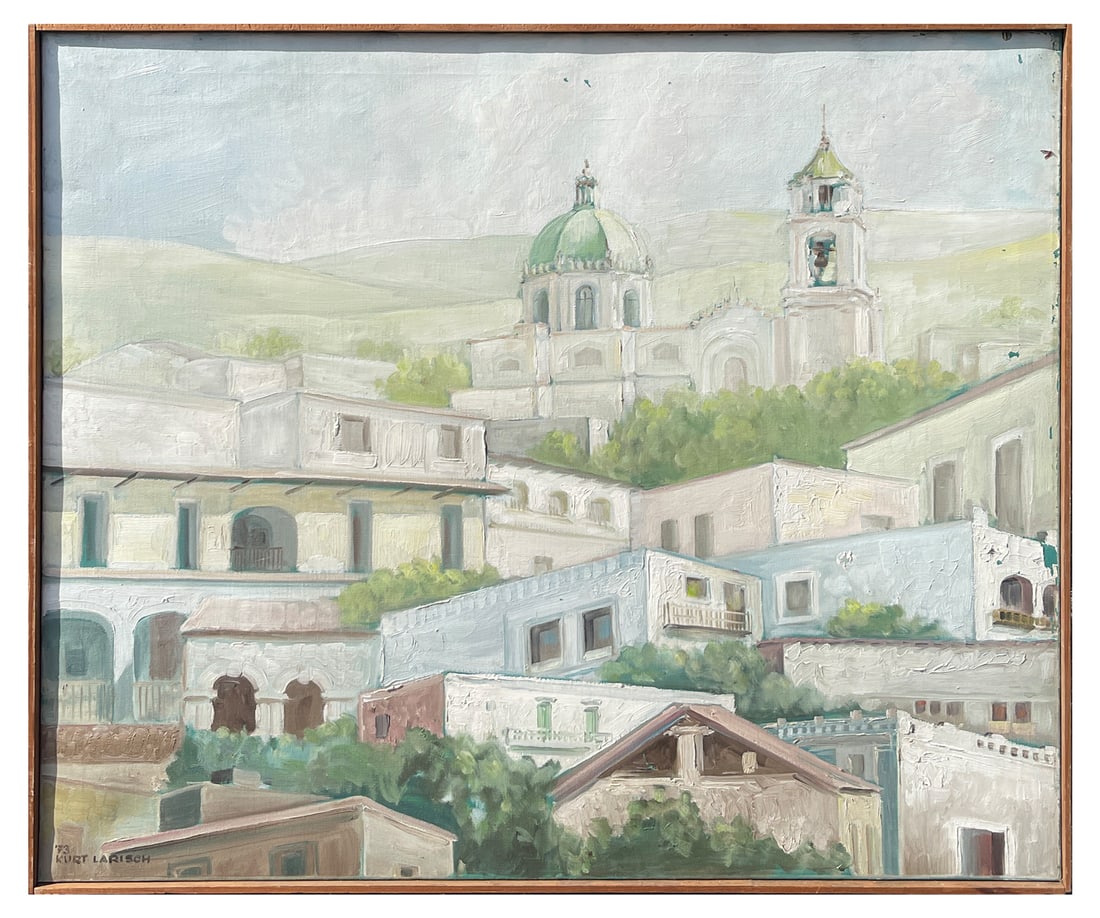 KURT LARISCH MEXICAN VILLAGE LANDSCAPE PAINTING: LARISCH, Kurt, (Austrian/Mexican, 1913-2009): Mexican Village Landscape, Oil/Canvas, 29.75" x 35.5", signed lower left, dated '73, thin-edge wood frame, 30.25" x 36.25".