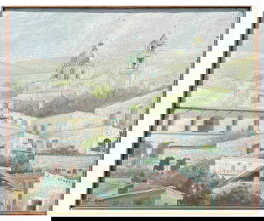 KURT LARISCH MEXICAN VILLAGE LANDSCAPE PAINTING: LARISCH, Kurt, (Austrian/Mexican, 1913-2009): Mexican Village Landscape, Oil/Canvas, 29.75" x 35.5", signed lower left, dated '73, thin-edge wood frame, 30.25" x 36.25".