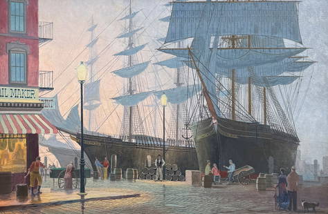 BRUCE ROGER ELLIOTT “CLIPPER WHARF” PAINTING: ELLIOTT, Bruce Roger, (American, b. 1938): “Clipper Wharf&rdquo;, Oil/Canvas, 24&rdquo; x 36&rdquo;, signed lower right, signed/titled/dated 1985 verso, framed, 31.5&rdquo; x 43.5&rdquo;.