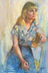 MONA JORDAN PORTRAIT PAINTING: JORDAN, Mona, (American, 1908-1995): Portrait of a Young Blonde Woman, Oil/Canvas, 36&rdquo; x 24&rdquo;, signed lower right, framed, 41&rdquo; x 29&rdquo;.
