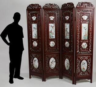 CHINESE 4-PANEL SCREEN W/ FAMILLE ROSE INSERTS