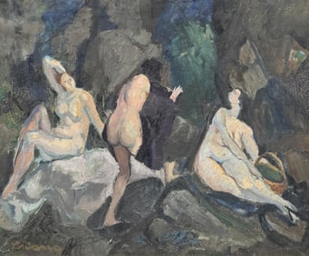 ILLEGIBLY SIGNED PAINTING OF FEMALE BATHERS