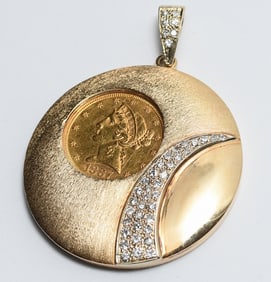 14K DIAMOND SET PENDANT W 1887 5 DOLLAR GOLD COIN