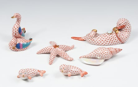 6 PC. HEREND PORCELAIN FISHNET SEA LIFE FIGURINES