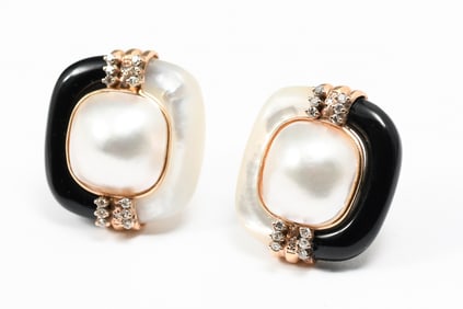 ELEGANT 14K PEARL, ONYX, DIAMOND EARRINGS