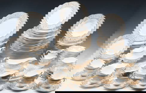 ROYAL DOULTON "SOVEREIGN" BONE CHINA SERVICE: ROYAL DOULTON "SOVEREIGN" BONE CHINA SERVICE: Comprising: 15- Dinner plates; 16- Small plates; 8- Soup bowls; 8- Salad bowls; 1- Teapot; 1- Sugar vessel; 1- Creamer; 1- Gravy boat; 3- Serving platters
