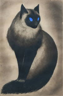ORSI ETCHING OF A BLUE EYED SIAMESE CAT: ORSI, Alex, (French, 1889-1947): Blue-eyed Siamese Cat, Etching.