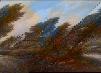R. FENSON COUNTRY COTTAGE PAINTING: FENSON, Robert Robin, (English, 20th Century): Country Cottage Landscape with Chickens and Figure on a Winding Dirt Road, encased in a shadowbox under glass, Oil/Canvas, 12&rdquo; x 16&rdquo;, signed