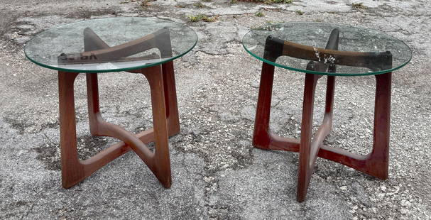 PAIR OF MCM PEARSALL RIBBON END TABLES: PAIR OF MCM PEARSALL END TABLES: Walnut Base, glass top iconic Adrian Pearsall for Craft Associates end tables. Pair of end/side tables by Adrian Pearsall; c. 1960 (Key Word Search: Danish modern, Edw