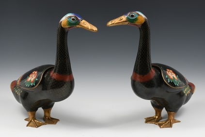PR. OF LARGE CHINESE CLOISONNE DUCK FORM BOXES
