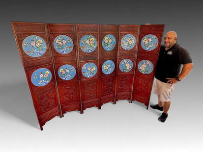 6 PANEL CHINESE CLOISONNE PLAQUE SCREEN: 6 PANEL CHINESE CLOISONNE PLAQUE SCREEN: A carved Rosewood 6- panel Screen, having a stylized Bat & Dragon motif. Each panel has 2- large round Cloisonne inserts. Inserts have Bird, Blossoming Floral,