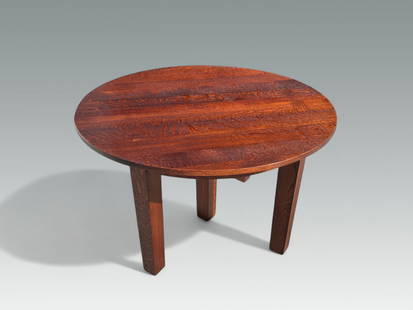 GUSTAV STICKLEY #632 TIGER OAK DINING TABLE: GUSTAV STICKLEY #632 TIGER OAK DINING TABLE W/ 2 LEAVES: Early 20-century Gustav Stickley Arts & Crafts Dining Table, #632. Branded mark at the underside which was used between 1912-1916. Included are