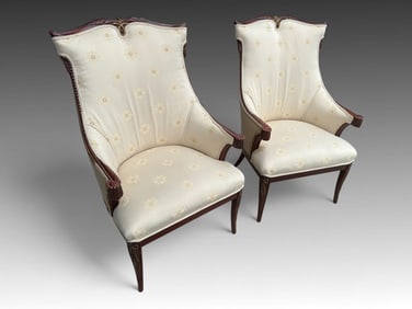 PR. CARVED FRENCH TASSELED ARMCHAIRS