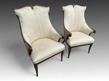 PR. CARVED FRENCH TASSELED ARMCHAIRS: PR. CARVED FRENCH TASSELED ARMCHAIRS: