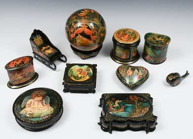 10 PC. PAINTED RUSSIAN LACQUERED BOXES